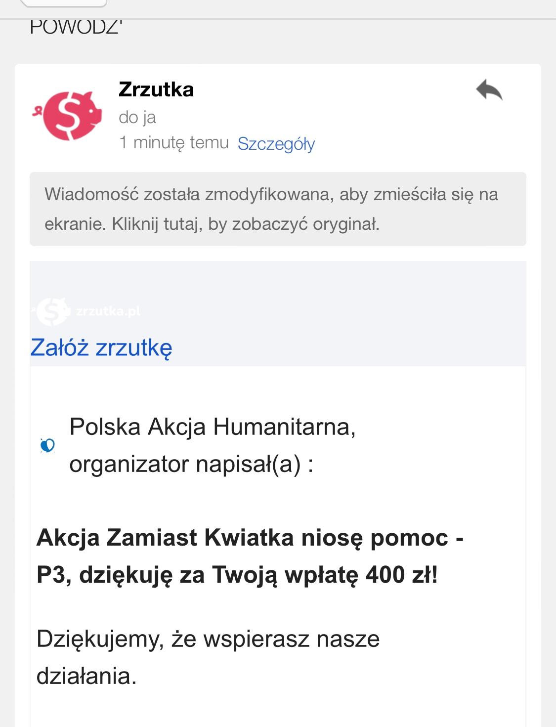 podziękowania za wpłatę ze strony zrzutka.pl